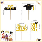 Graduation Cupcake Toppers 2026, Graduation Decorations 2026 Graduation Cake Topper, Glitter Grad Cap Diploma Food Appetizer Picks For Graduation Theme Party Cake Decorations Supplies, 24 Pack, Gold