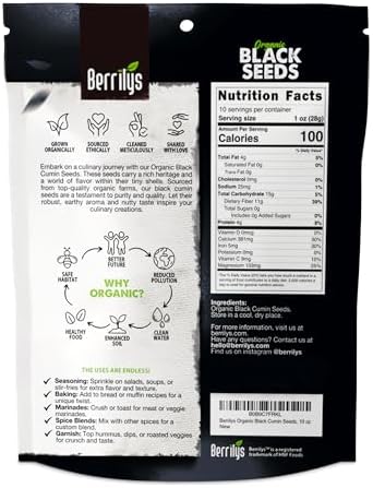 Berrilys Black Seeds - USDA Organic Nigella Sativa, Kalonji & Black Cumin Seeds, Vegan, Gluten-Free - Pure Spice & Health Food, Enhances Flavor of Dishes, Nutrient-Rich, Premium Quality - 10oz