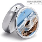Coastal Coffee Collage Pill Box, 3 Compartment Small Pill Case, Metal Round Portable Storage Box Stores Vitamins, Medicines, Fish Oil and Supplements