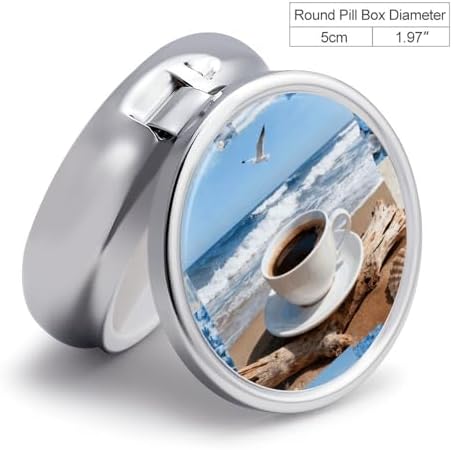 Coastal Coffee Collage Pill Box, 3 Compartment Small Pill Case, Metal Round Portable Storage Box Stores Vitamins, Medicines, Fish Oil and Supplements