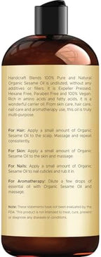 Handcraft Blends Organic Sesame Oil - 16 Fl Oz - 100% Pure and Natural - Premium Grade Carrier Oil for Skin and Hair - Hair and Body - Massage - Expeller-Pressed and Hexane-Free