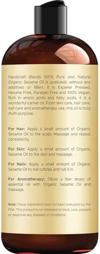 Handcraft Blends Organic Sesame Oil - 16 Fl Oz - 100% Pure and Natural - Premium Grade Carrier Oil for Skin and Hair - Hair and Body - Massage - Expeller-Pressed and Hexane-Free