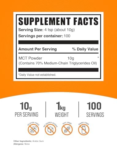 BulkSupplements.com MCT Powder - Medium Chain Triglycerides, MCT Oil Powder - Energy Supplement, Gluten Free, 10g per Serving, 1kg (2.2 lbs) (Pack of 1)