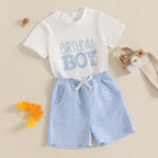 Toddler Baby Boy Girl First Birthday Outfit Short Sleeve Shirt Plaid Shorts Sets Summer Birthday Clothes 2Pcs