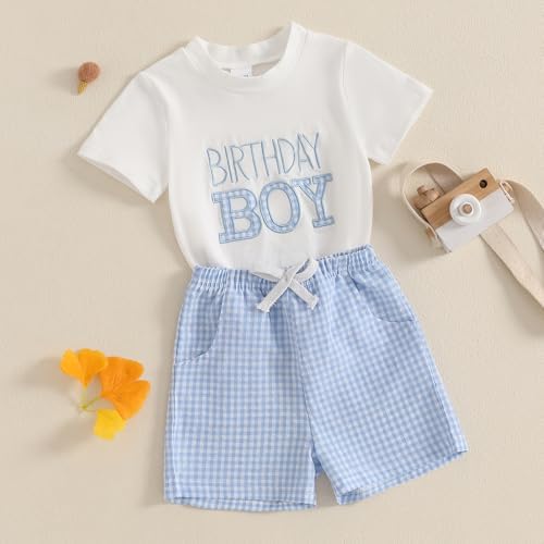 Toddler Baby Boy Girl First Birthday Outfit Short Sleeve Shirt Plaid Shorts Sets Summer Birthday Clothes 2Pcs