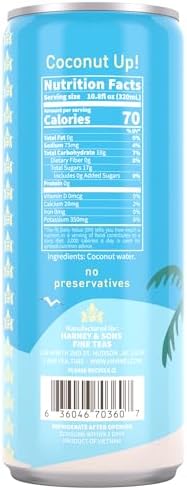 Harney & Sons Coconut Water, Naturally Refreshing, Natural Electrolytes for Hydration, No Preservatives, 10.8 fl oz Cans (Pack of 12)