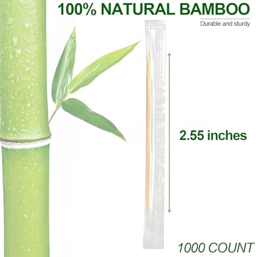 Bamboo Toothpicks – 1000 Count, Individually Wrapped, Dual-Pointed Tips, 2.55 Inch, Disposable & Sanitary, Ideal for Dental Care, Food Picking, Home, Restaurant, and Travel