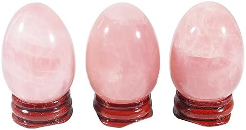 2" Natural Rose Quartz Egg with Wood Stand for Home Decoration, Polished Crystal Pocket Palm Sphere Fengshui Figurines Healing Reiki
