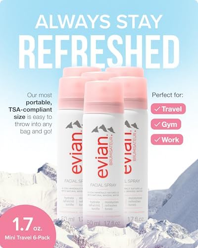 Evian Facial Spray 1.7 oz - Hydrating Mineral Water Mist for Face & Skin - Refreshes Makeup and Tones Skin - TSA-Approved Mini Facial Spray Set for Daily Skincare Hydration