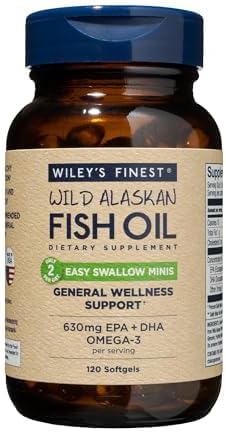 Wiley's Finest Wild Alaskan Fish Oil Easy Swallow Minis - Omega-3 Fish Oil Supplement for Adults and Kids - Double-Strength 630mg EPA and DHA Natural Supplement - 120 Mini Softgels (60 Servings)