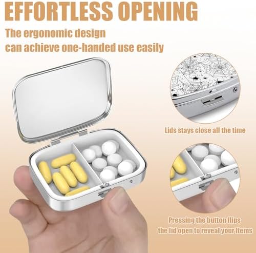 Pill Box-2 Compartment Small Pill Case Square Organizer Case with Mirror Portable Metal Medicine Box Travel Container for Pocket & Purse Women Men(Spider Web)