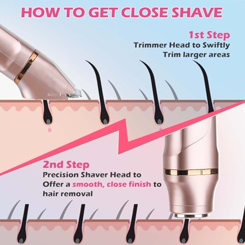 Bikini Trimmer for Women 2 in 1 Electric Razors Shaver Facial Hair Removal for Women Pubic, Armpit, Face &Precision Areas, IPX7 Waterproof,Rechargeable Dock, Rose Golden
