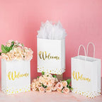 30 Pcs Welcome Gift Bags with Tissue Paper Gold Welcome Wedding Bags with Handle Kraft Paper Tote for Business, Birthday, Shopping, Wedding, Baby Shower, Party Favors(White)