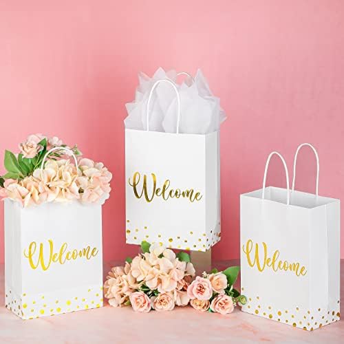 30 Pcs Welcome Gift Bags with Tissue Paper Gold Welcome Wedding Bags with Handle Kraft Paper Tote for Business, Birthday, Shopping, Wedding, Baby Shower, Party Favors(White)