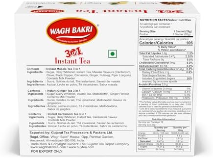 Wagh Bakri Instant Tea Premix, Masala, Cardamom & Ginger - 4 Sachets Each, Total 12 Sachet [International Pack]
