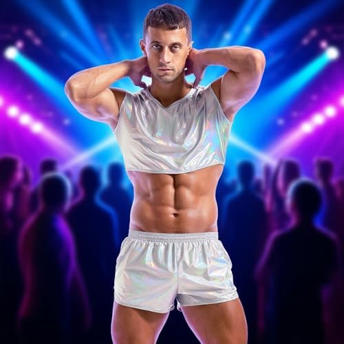 AMY COULEE Mens Metallic Shorts Sexy Shiny Sparkly Rave Outfit Holographic Booty Shorts with Pockets
