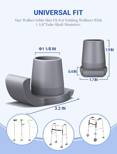 Walker Ski Glides, 4 Pack 1-1/8 inch Universal Fit Walker Accessories for Folding Walkers, Mobility Aid Accessory for Seniors, Walker Feet Replacement (Grey)