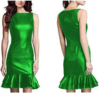 Elegant Hem Ruffles Summer Dress for Woman Sleeveless Mini Dress PU Shiny Liquid Metallic Club Dresses,Green,XL