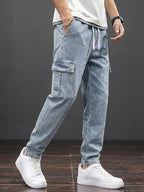 JMIERR Men's Elastic Waist Cargo Jeans Stretch Denim Pants with Drawstring Relaxed Fit for Casual Daily Wear
