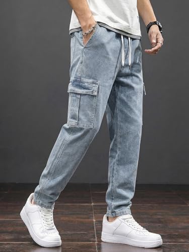 JMIERR Men's Elastic Waist Cargo Jeans Stretch Denim Pants with Drawstring Relaxed Fit for Casual Daily Wear