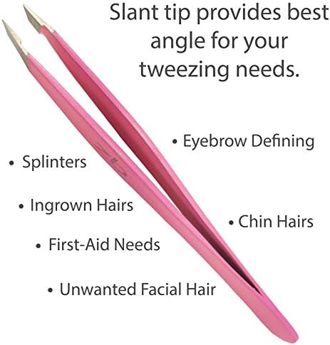 Tweezers – Surgical Grade Stainless Steel - Slant Tip for Expert Eyebrow Shaping and Facial Hair Removal – with Protective Pouch (Bubblegum Pink)