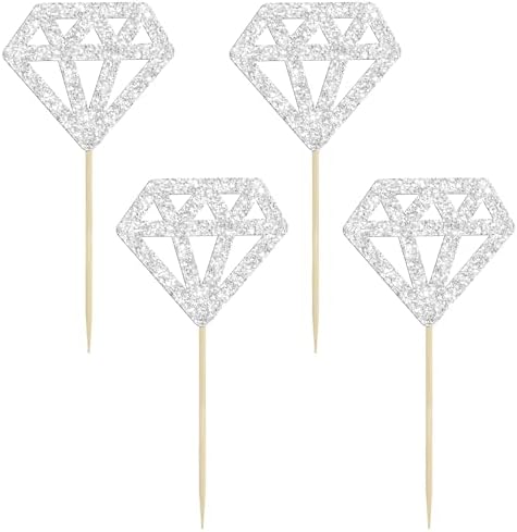 24Pcs Diamond Ring Cupcake Toppers Silver Glitter Diamond Wedding Ring Cupcake Picks for Marriage Engagement Anniversary Valentines Party Cake Decorations Supplies