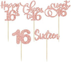 30 Pack Happy 16th Birthday Cupcake Toppers Rose Gold Glitter Sixteen Cheers to 16 Years Old Birthday Cupcake Picks for Happy 16th Anniversary Party Cake Decorations