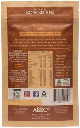 ABBCo Australian Beef Bone Broth Powder with Turmeric, Collagen Peptides - Support Bone Health, Enhance Energy & Mood, Aid Digestion - Gluten & Dairy Free, No Preservatives - 100g
