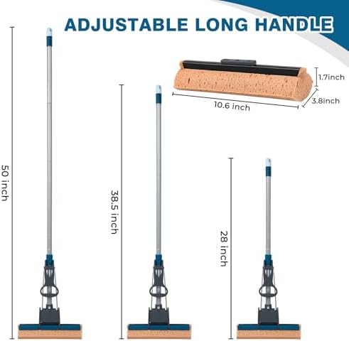 Sponge Mop for Floor Cleaning, 50" Heavy Duty Roller Mop with 4 Cellulose Refill Heads, Easy Self-Squeeze for Hardwood Tile Concrete, Wall Ceiling