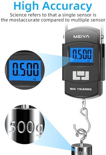 MEIYA Fish Scale 110lb/50kg Digital Fishing Scale with Backlit LCD, Portable Handle, Stainless Steel Hook & 2 AAA Batteries – Reliable Fishing Gear & Great Fishing Gifts for Men