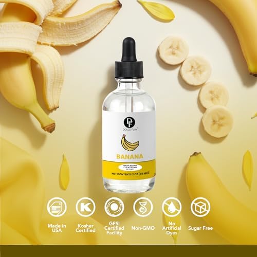 Dolce Flav Natural Banana Extract – 2 oz Water-Soluble Pure Banana Flavoring Drops for Baking, Smoothies & Desserts | Sugar Free, Allergen Free, Kosher | Made in USA