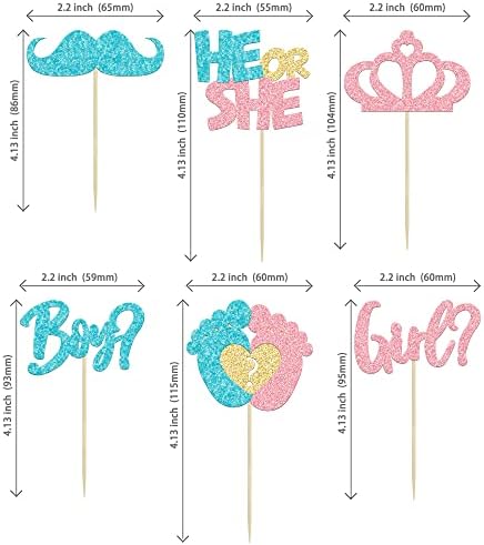 24Pcs Boy or Girl Cupcake Toppers Pink Blue Glitter Crown Moustache Baby Shower Cupcake Picks He or She Footprint Cake Topper Decorations for Gender Reveal Theme Baby Shower Kids Birthday Party