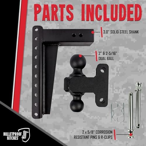 BulletProof Hitches - 3.0" Adjustable Heavy Duty Trailer Hitch (22,000 lb. Rating) - 14" Drop/Rise Trailer Hitch with 2" & 2-5/16" Dual Ball - Powder Coat, Solid Steel, Corrosion-Resistant