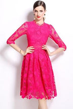 LAI MENG FIVE CATS Womens 3/4 Sleeve Flowy Lace Floral Elegant Crew Neck Crochet Waist Party Dress