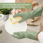 Rubber Cleaning Gloves for Dishwashing, 4 Pairs Reusable Kitchen Gloves for Washing Dishes and Household Cleaning, Green Dish Gloves with Flocked Lining and Non-Slip Grip, Pefect for Woman Men - M
