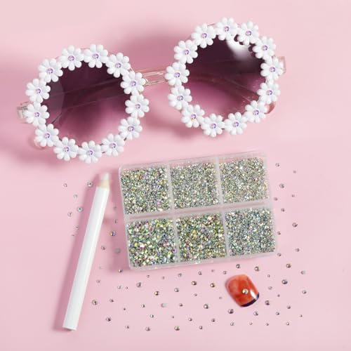 Flatback Rhinestones AB Crystal Rhinestones Nail Gems Round Crystal Rhinestones for Crafts,Mixed 6 Small Sizes with Wax Pencil Kit,7200 PCS, SS3-SS10, Crystal AB