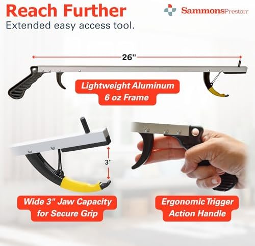 Sammons Preston Reacher, 26" Lightweight Grabber Reacher Tool with Magnetic Tip, Ergonomic Grip & Claw Jaw, Portable Reaching Aid for Seniors, Daily Living & Home Use, Standard Silver, 2 pack