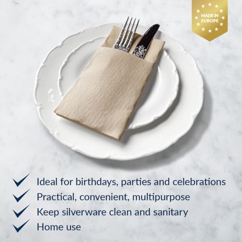 PAW - Linen Feel Napkins with Built-in Flatware Pocket, Soft and Absorbent Paper Pre-Folded Napkins, Guest Towels, Wedding Party, Dinner, Birthday, Gatherings, Monocolor Beige, 50 Count