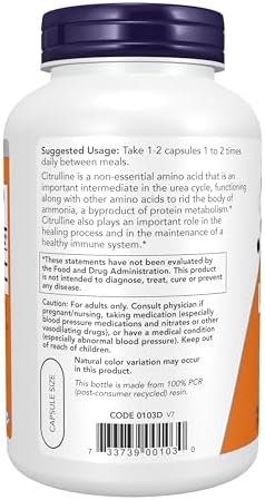 NOW Foods Supplements, L-Citrulline 750 mg, Supports Protein Metabolism*, Amino Acid, 180 Veg Capsules