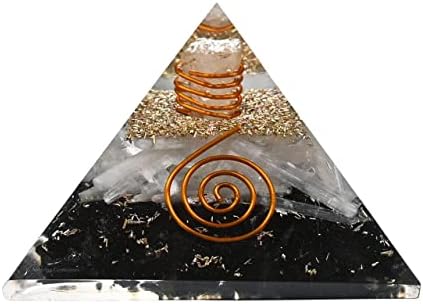 Orgone Pyramid with Black Tourmaline Selenite Crystal and Healing Coil Quartz Point - Natural Healing Stones Orgonite Energy Generator for Yoga Meditation