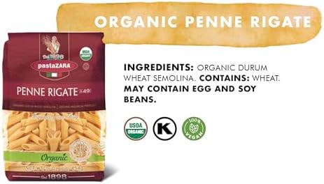 PASTA ZARA - Penne Rigate - Organic - 100% Italian Pasta, Made with Durum Wheat Semolina Flour, Non GMO, Kosher (1 LB. BAG) - Consistently al Dente.