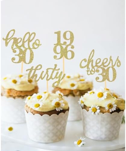 24 PCS Glitter 30th Birthday Cupcake Toppers for Celebrating Thirty Years Old Birthday Party Decorations for 30th Anniversary Party Supplies (Gold)
