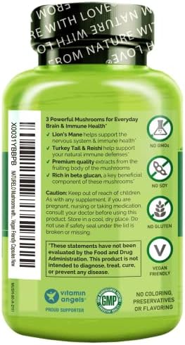 NATURELO Mushroom Supplement Capsules, 90 Ct, Brain & Immune Support, Vegan-Friendly, Lions Mane Supplement Capsules, Lion’s Mane, Reishi, Turkey Tail Blend