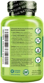 NATURELO Mushroom Supplement Capsules, 90 Ct, Brain & Immune Support, Vegan-Friendly, Lions Mane Supplement Capsules, Lion’s Mane, Reishi, Turkey Tail Blend
