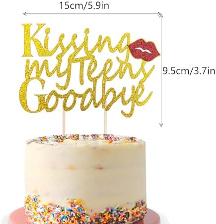 Kissing My Teens Goodbye Cake Topper, Black Glitter 20th Birthday Cake Topper, Hello 20, Cheers to 20 Years Party Cake Pick (Black)