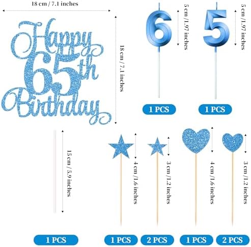 65th Birthday Cake Decorations, 65th Birthday Candles Cake Numeral Candles and Glitter Happy 65th Birthday Cake Toppers Set for Birthday Party Supplies (Blue)