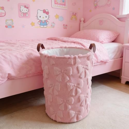 2 Pcs Pink Bow Laundry Hamper Girls Room Decor Coquette Pink Bow Plush Faux Fur Basket Kids Large Storage Basket Collapsible Organize Bins for Gifts Toys Blanket Clothes Nursery Bedroom