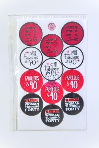 40th Birthday Edible Cupcake Toppers, 40 & Fabulous Edible Cake Decorations, 40th Birthday Decorations for Women, Pink and Black Cookie Decor, 1.5 Inch / 4cm Wafer Card Discs PRECUT (Pack of 24)