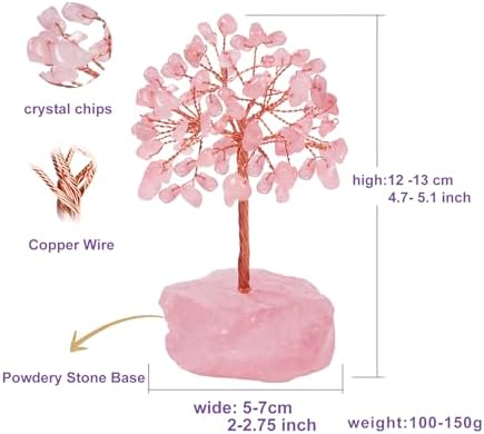 Rose Quartz Healing Crystal Tree，Natural Reiki Life Stone Base Copper Wire Tree Decor， Feng Shui Spiritual Energy for Pink Home Office Desk ， Ideal Meditation Gift for Women Men