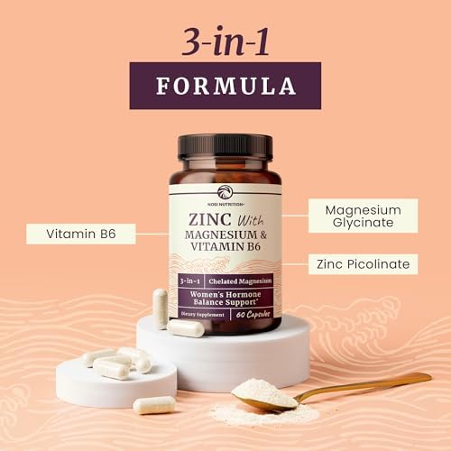Zinc and Magnesium Supplement with Vitamin B6 | Women’s Hormone Balance, Menstrual Cycle & Immune Support | High Absorption Chelated Magnesium Glycinate with Zinc Picolinate and VIT B6 | 60 Ct